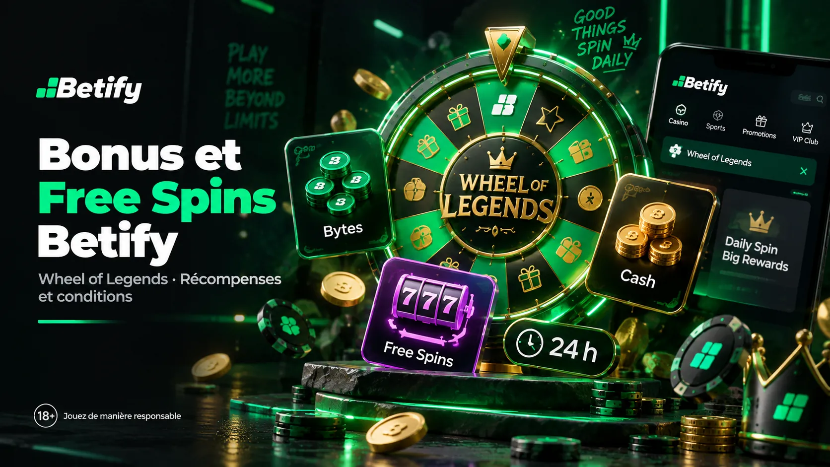 Roue Wheel of Legends de Betify avec les récompenses Bytes, Cash et Free Spins